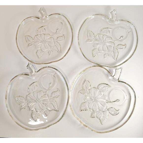 Hazel Atlas Apple Snack Set 4 Plates 4 Cups Orchard Embossed Clear Glass - Picture 4 of 13